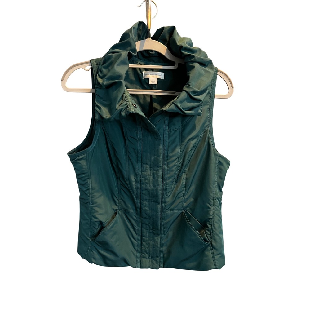 Christopher & Banks Womens Small Teal Green Ruffle Neck Puffer Vest Snap Front